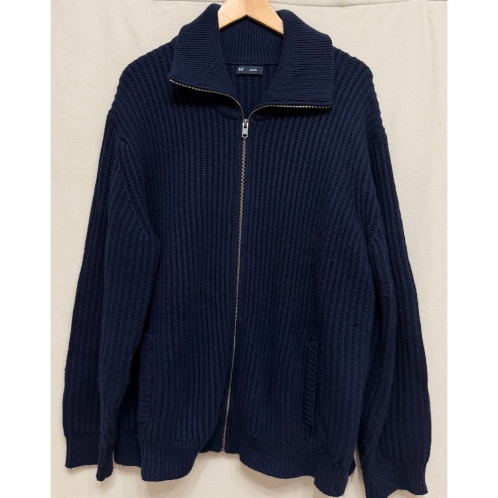 Gap Mens Cardigan Sweater Navy Blue Heavy Ribbed Full Zip Cotton Wool XL Regular